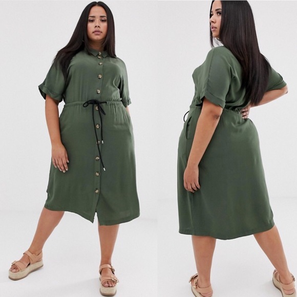 Boohoo Plus midi shirt dress with drawstring waist 🫒 - Picture 3 of 16